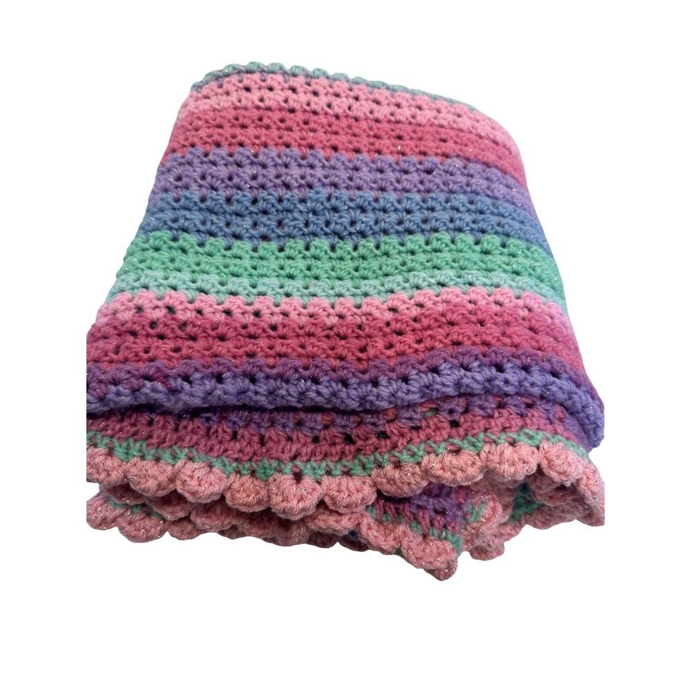 baby blanket lap afghan crochet handmade bright Pastel Glitter STRIPES 45 X‎ 51